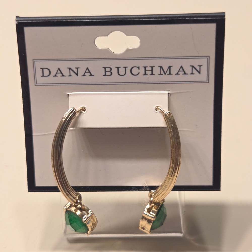 Dana Buchman Gold Tone Dangle Half Hoop Earrings Green Rhinestone Dangle Drop